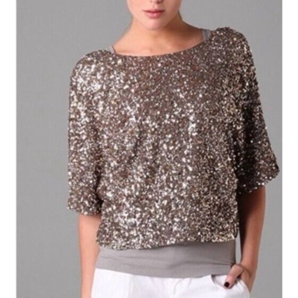 VINCE Sequin Top Extra Small XS Gold Short Sleeve Stretch Party Cruise Wedding